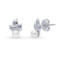 Leaf Imitation Pearl Stud Earrings in Sterling Silver, Rhodium Plated
