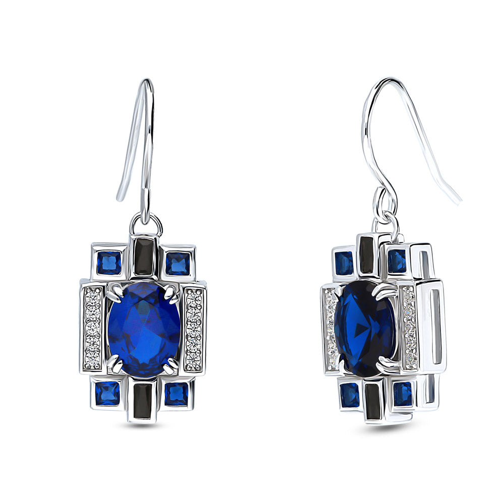 Art Deco Simulated Blue Sapphire CZ Dangle Earrings in Sterling Silver, 1 of 4