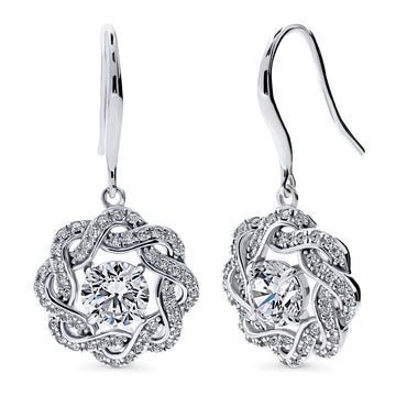 Flower Ribbon CZ Necklace and Earrings Set in Sterling Silver