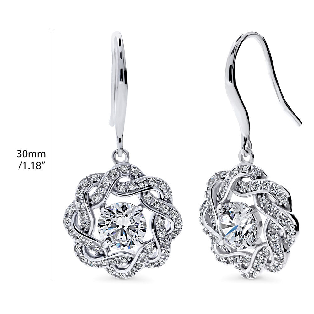Front view of Flower Woven CZ Fish Hook Dangle Earrings in Sterling Silver, 4 of 7
