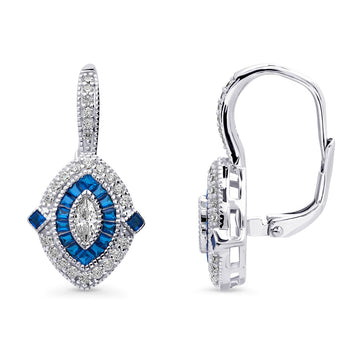 Navette Halo CZ Statement Leverback Dangle Earrings in Sterling Silver
