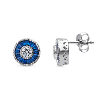 Halo Art Deco Round CZ Stud Earrings in Sterling Silver
