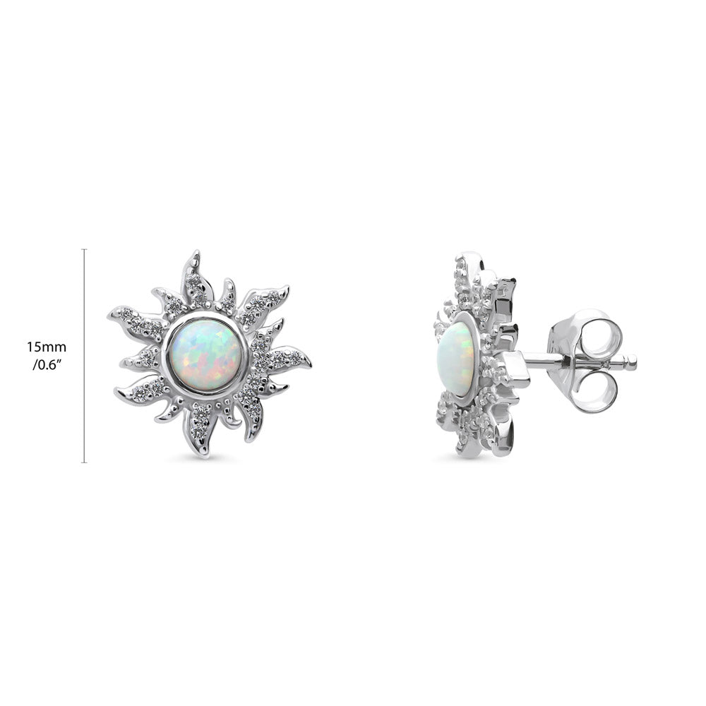 Front view of Sun Sunburst Simulated Opal CZ Stud Earrings in Sterling Silver, 3 of 10