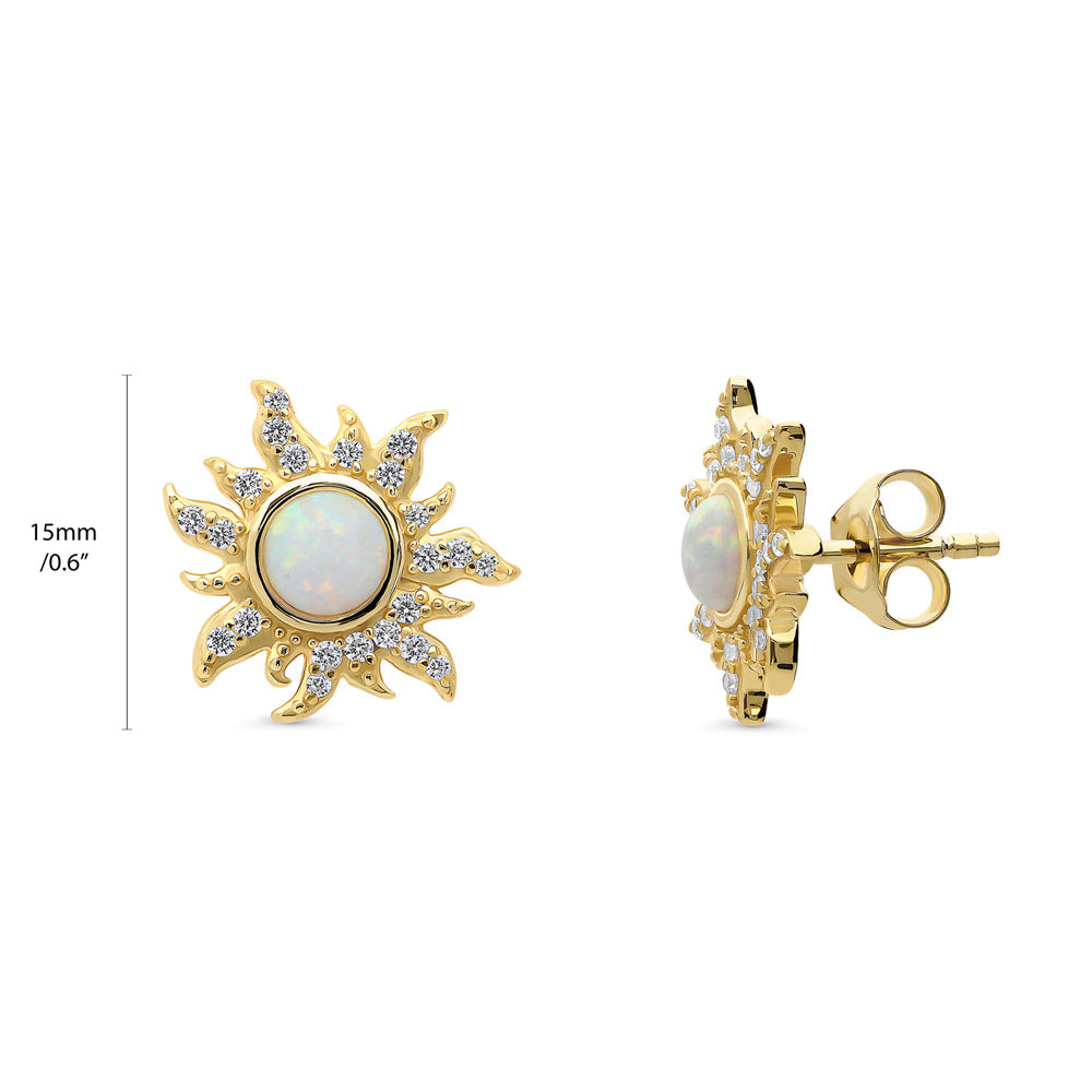 Front view of Sun Sunburst Simulated Opal CZ Stud Earrings in Sterling Silver, 2 of 10