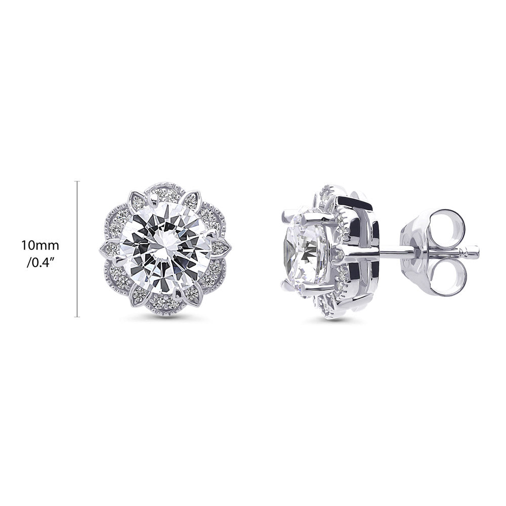 Front view of Flower Halo CZ Stud Earrings in Sterling Silver, 4 of 5