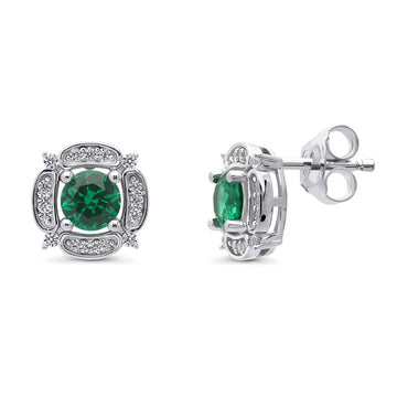 Halo Flower Simulated Emerald Round CZ Set in Sterling Silver