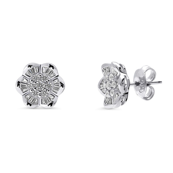 ●TATIANA● Silver 925 Flower Cubic Full Heart Earrings EC30 Solid 925 Sterling Silver Cubic Zirconia Flower Stud