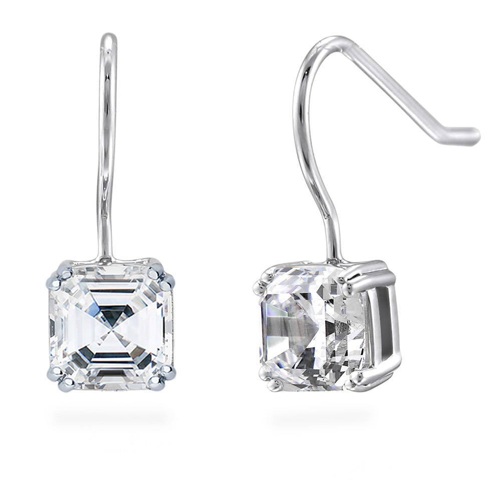 Solitaire 3.2ct Asscher CZ Fish Hook Dangle Earrings in Sterling Silver, 1 of 9