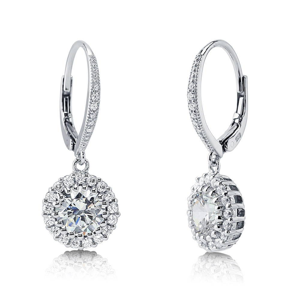 Halo Round CZ Leverback Dangle Earrings in Sterling Silver, 1 of 4