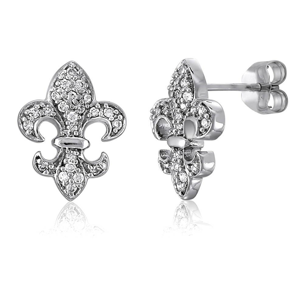 Fleur De Lis CZ Stud Earrings in Sterling Silver, 1 of 6