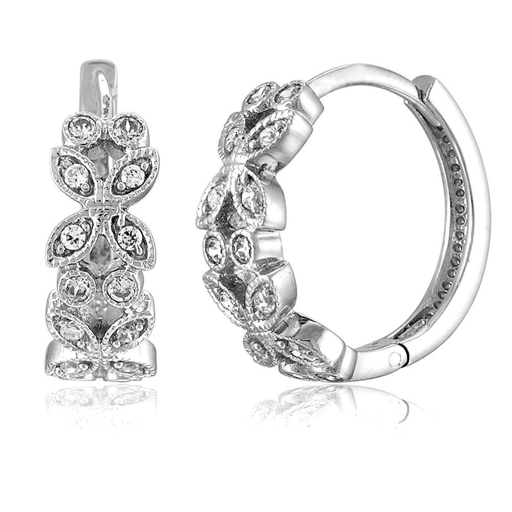 Leaf Milgrain CZ Small Hoop Earrings in Sterling Silver 0.5 inch, 1 of 3