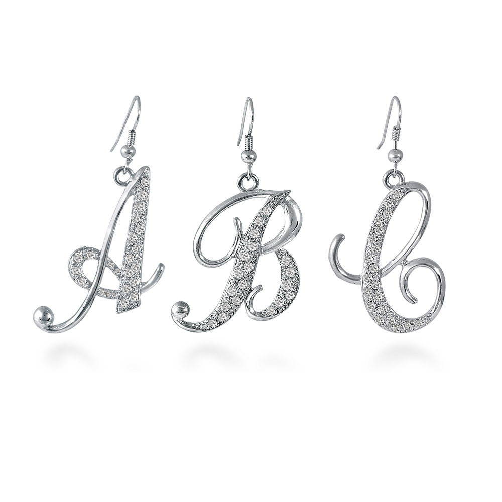 Initial Letter Fish Hook Dangle Earrings in Silver-Tone