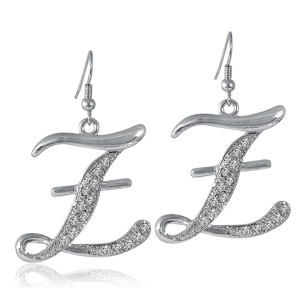 Initial Letter Fish Hook Dangle Earrings in Silver-Tone
