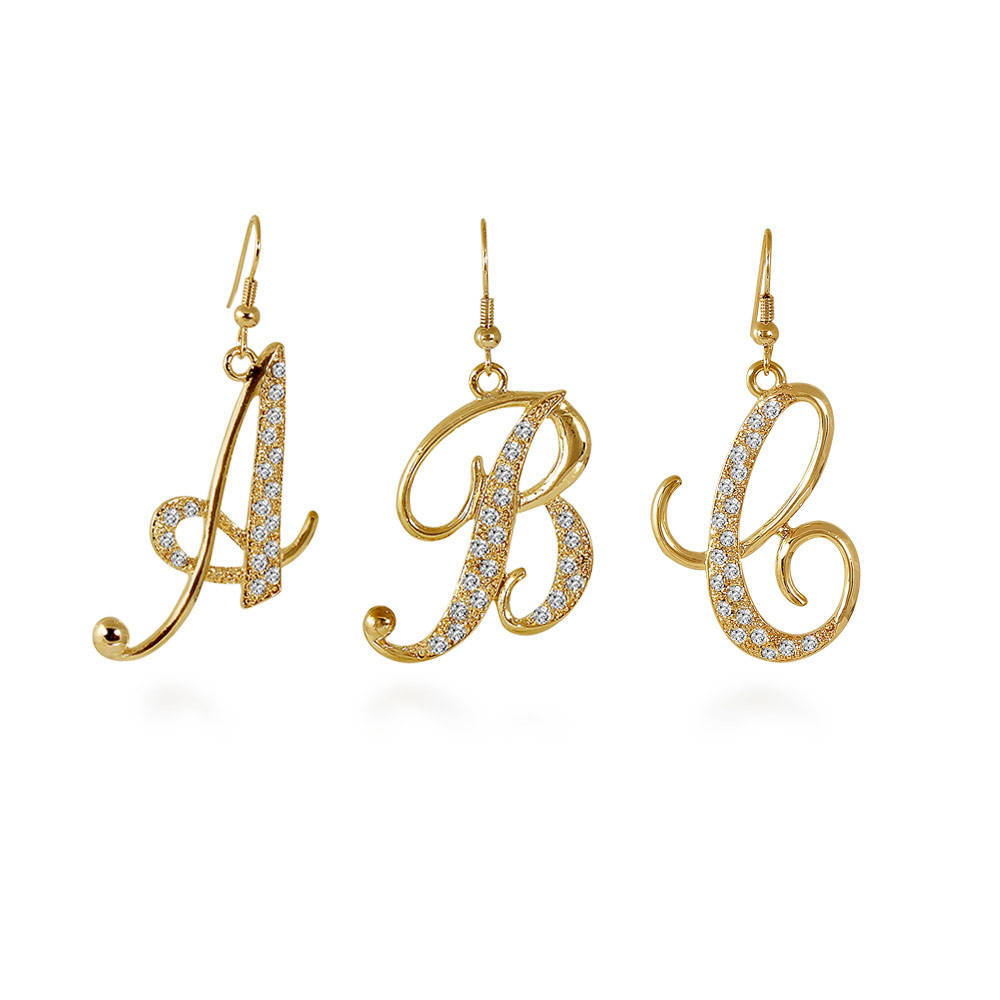 Initial Letter Fish Hook Dangle Earrings in Gold-Tone