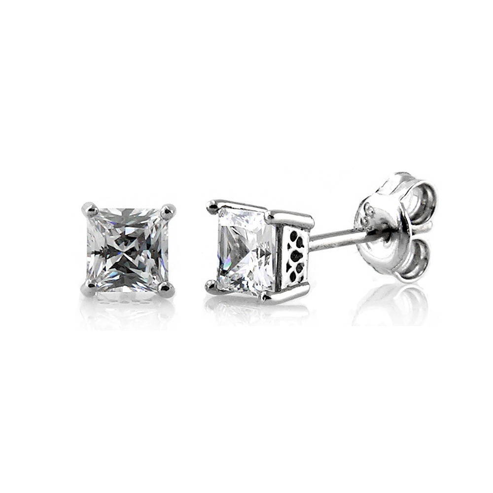 Solitaire Princess CZ Stud Earrings in Sterling Silver, 1 of 13