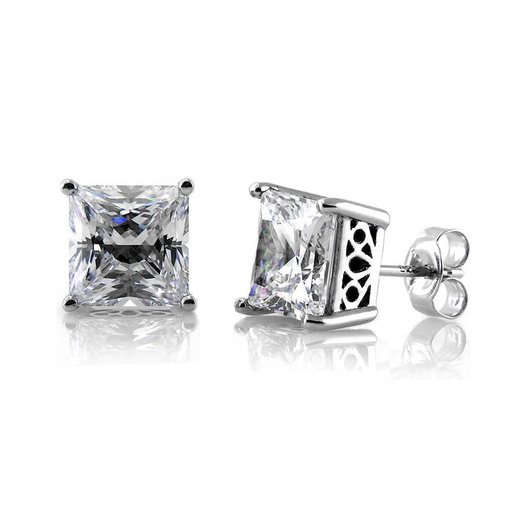 Solitaire Princess CZ Stud Earrings in Sterling Silver