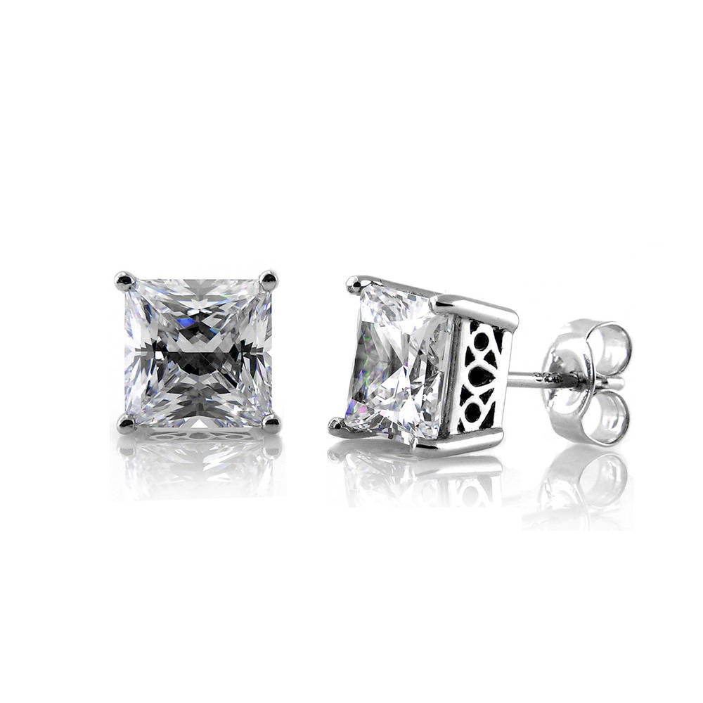 Solitaire Princess CZ Stud Earrings in Sterling Silver, 2 of 12