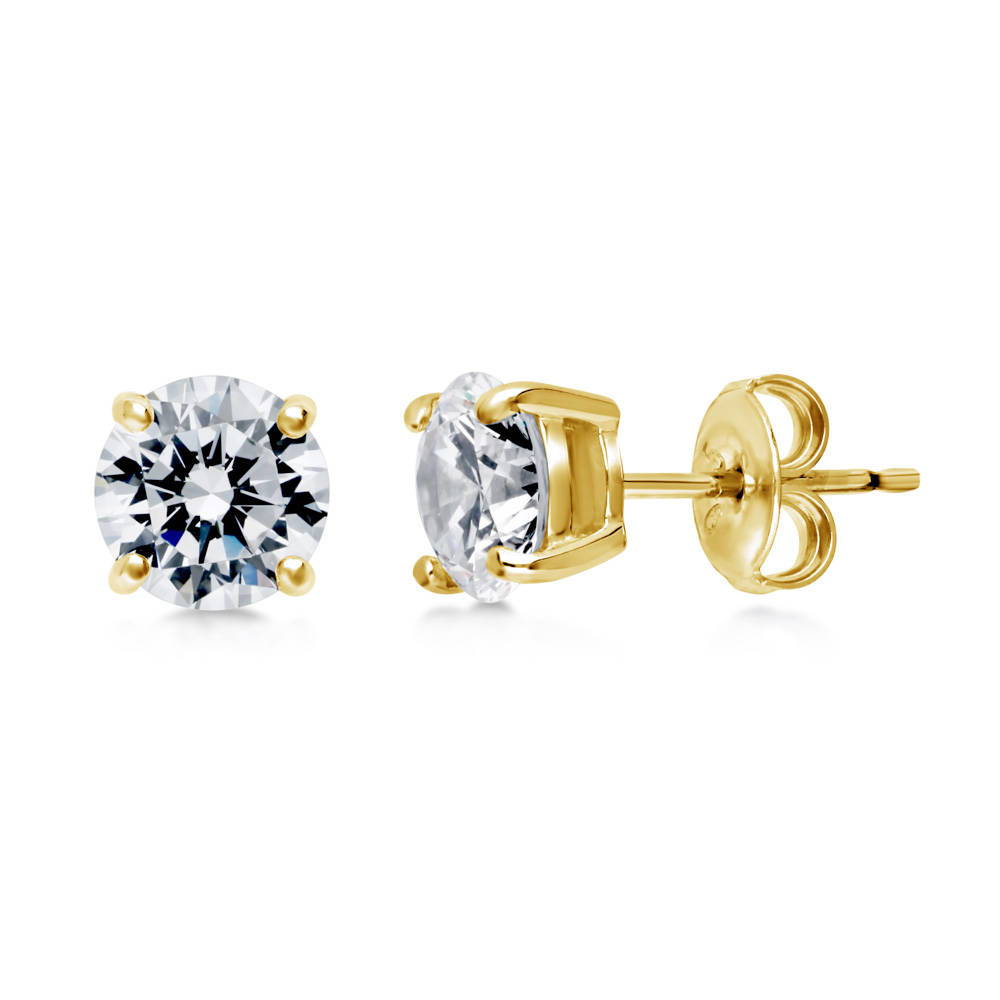 Solitaire CZ Stud Earrings in Gold Flashed Sterling Silver, 7mm