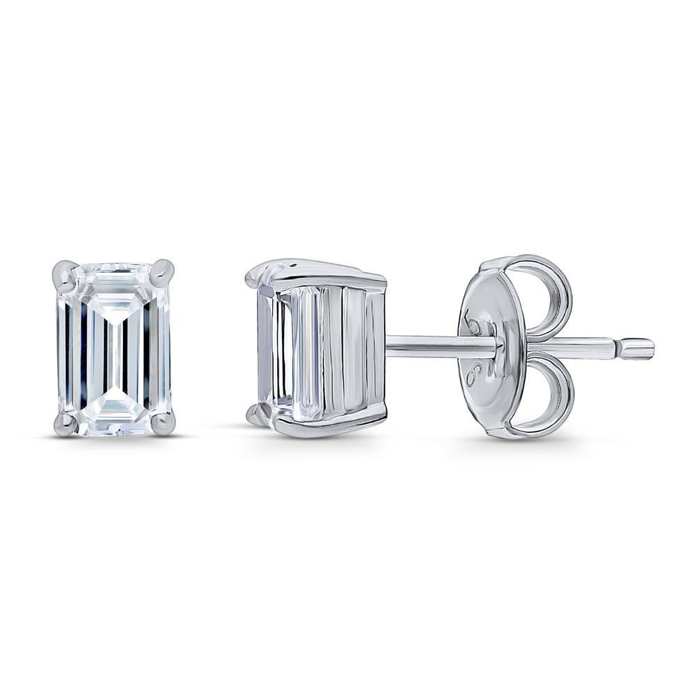 Solitaire Emerald Cut CZ Stud Earrings in Sterling Silver, 1 of 11