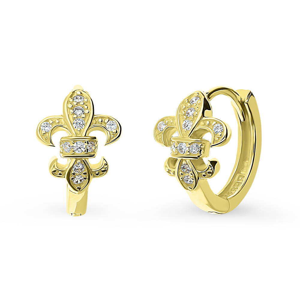 Fleur De Lis CZ Small Huggie Earrings in Sterling Silver 0.5"