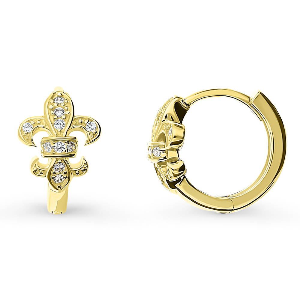 Front view of Fleur De Lis CZ Small Huggie Earrings in Sterling Silver 0.5 inch, 3 of 14