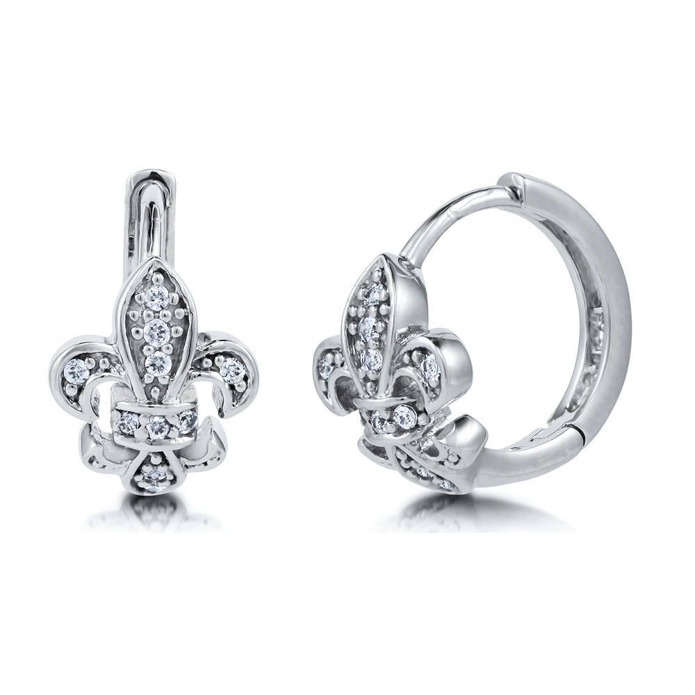 Fleur De Lis CZ Necklace and Huggie Earrings Set in Sterling Silver, 3 of 17