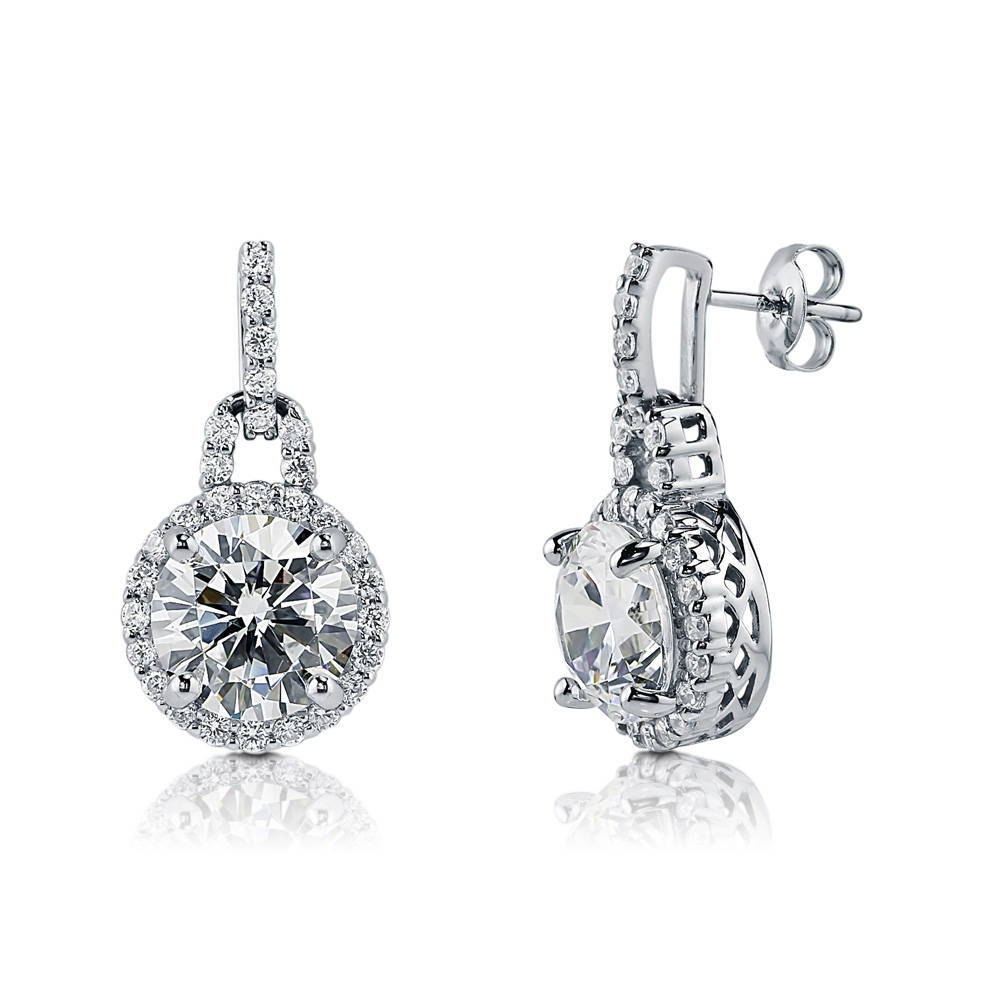 Halo Round CZ Dangle Earrings in Sterling Silver, 1 of 3