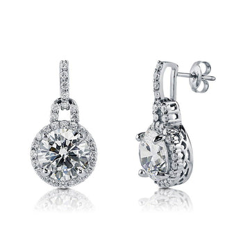 Halo Round CZ Dangle Earrings in Sterling Silver