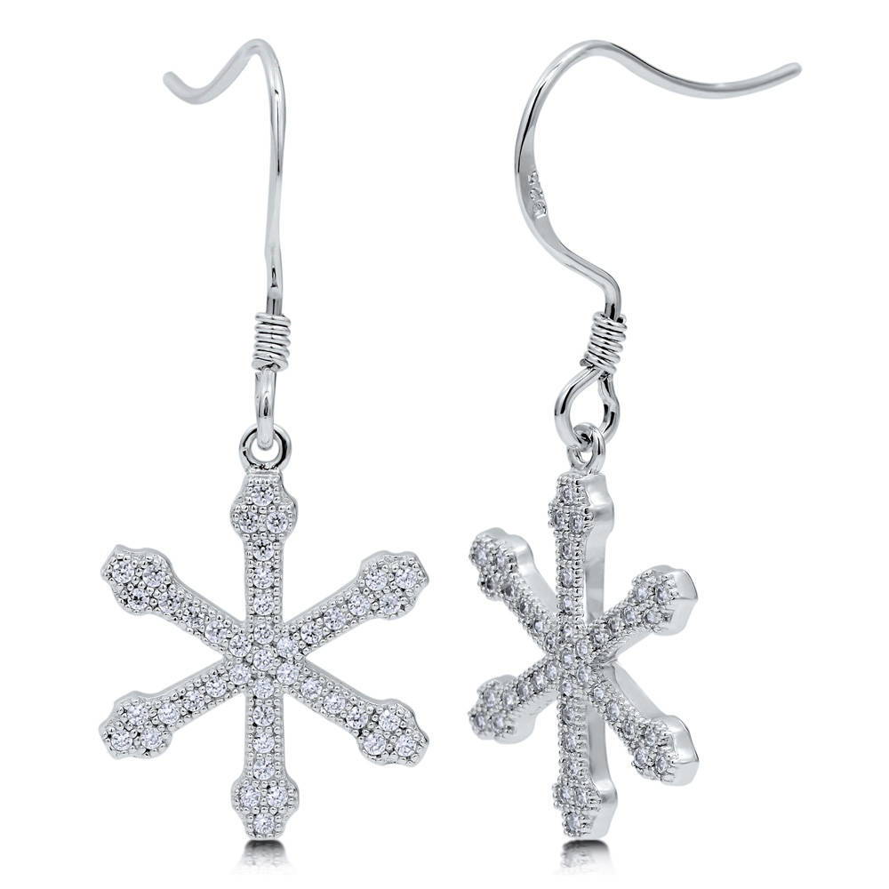 Snowflake CZ Fish Hook Dangle Earrings in Sterling Silver