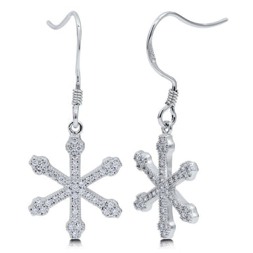 Snowflake CZ Fish Hook Dangle Earrings in Sterling Silver