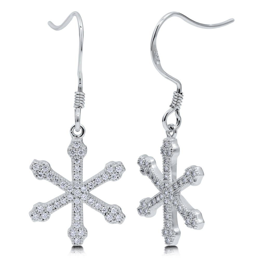 Snowflake CZ Fish Hook Dangle Earrings in Sterling Silver, 1 of 3