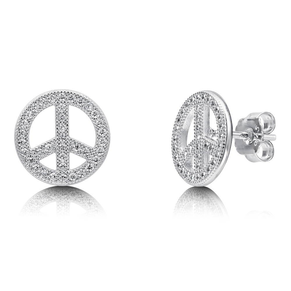 Peace Sign CZ Necklace and Earrings Set in Sterling Silver
