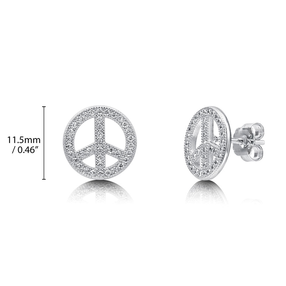Front view of Peace Sign CZ Stud Earrings in Sterling Silver, 4 of 6