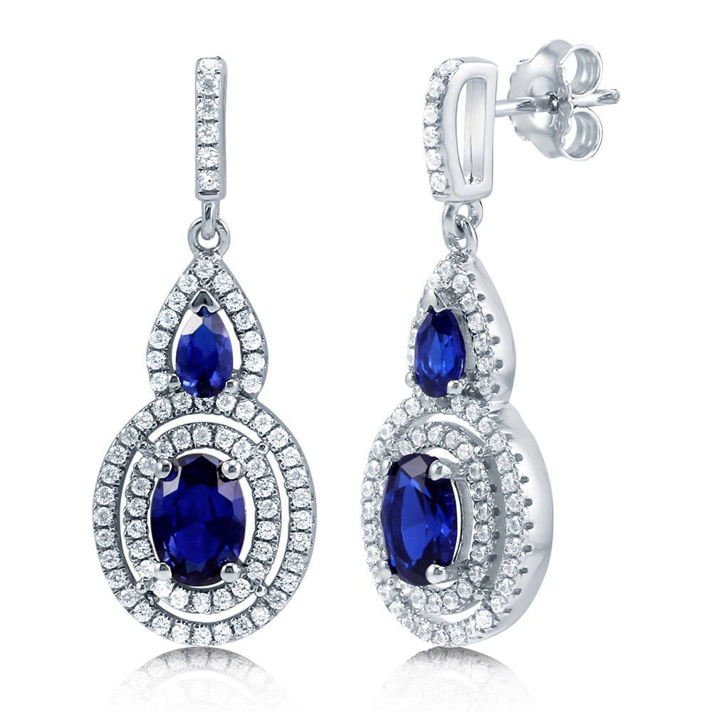 Halo Simulated Blue Sapphire Oval CZ Earrings in Sterling Silver, 1 of 3