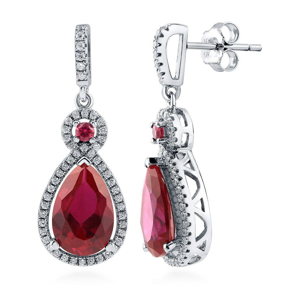 Halo Simulated Ruby Pear CZ Dangle Earrings in Sterling Silver