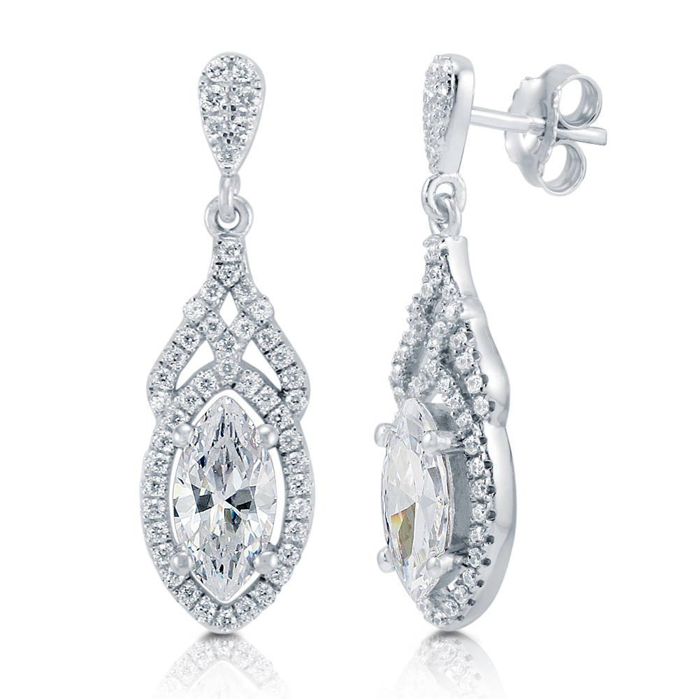 Halo Art Deco Marquise CZ Dangle Earrings in Sterling Silver, 1 of 3