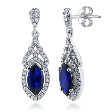 Halo Simulated Blue Sapphire Marquise CZ Earrings in Sterling Silver