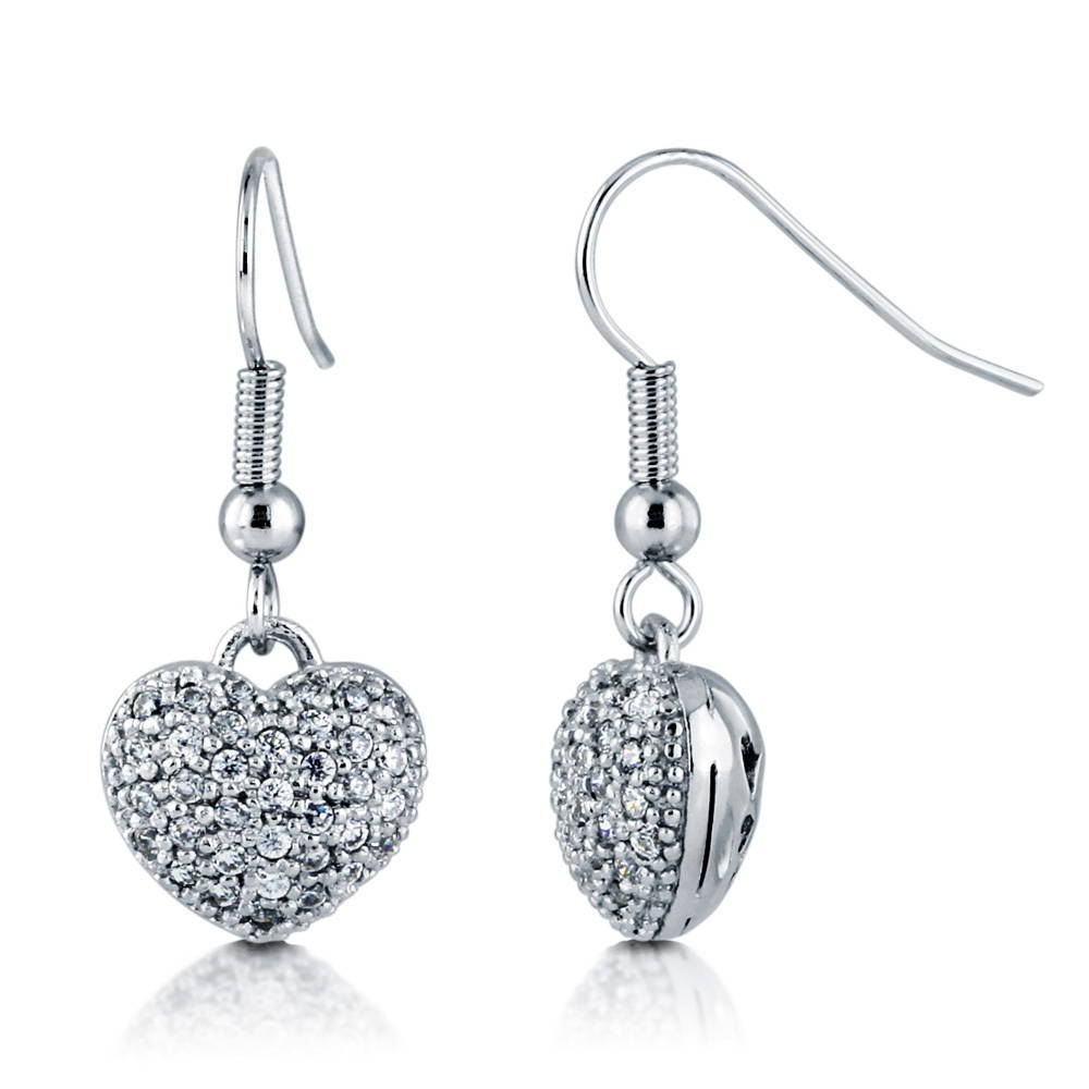 Heart CZ Fish Hook Dangle Earrings in Silver-Tone