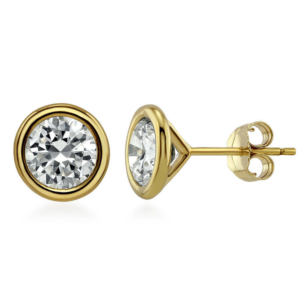 Solitaire Bezel Set Round CZ Stud Earrings in Sterling Silver, 1 of 20