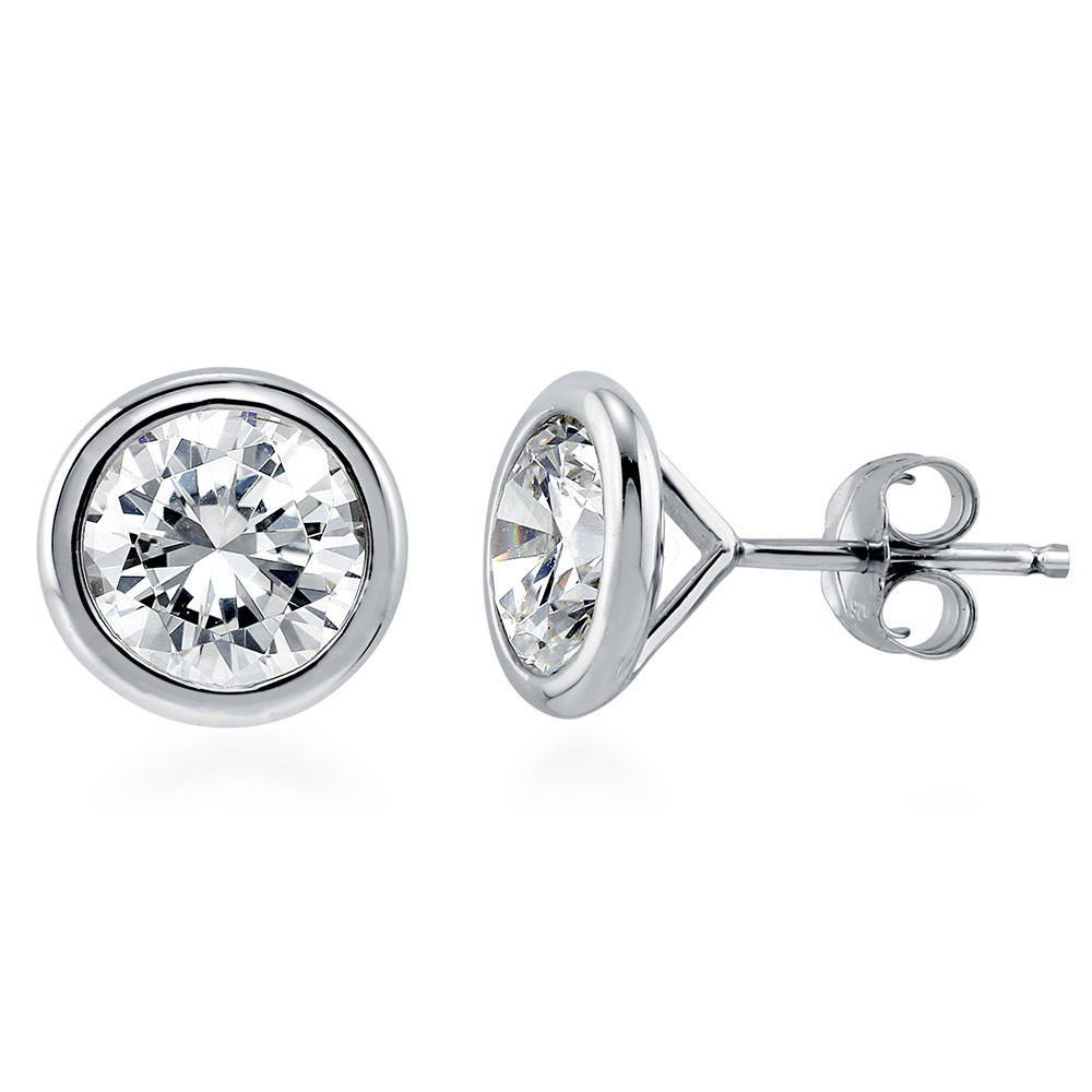 Solitaire Bezel Set Round CZ Stud Earrings in Sterling Silver