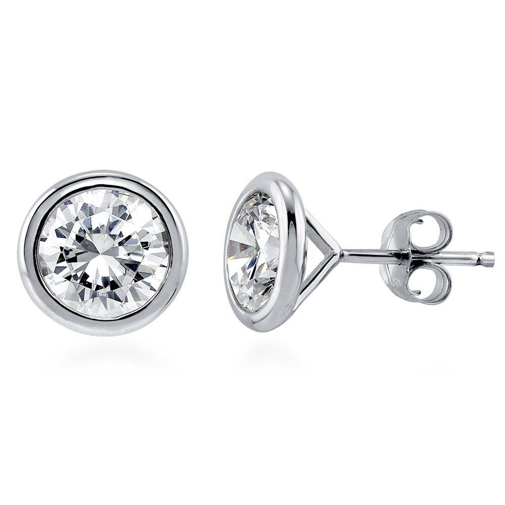 Solitaire Bezel Set Round CZ Stud Earrings in Sterling Silver, 1 of 16