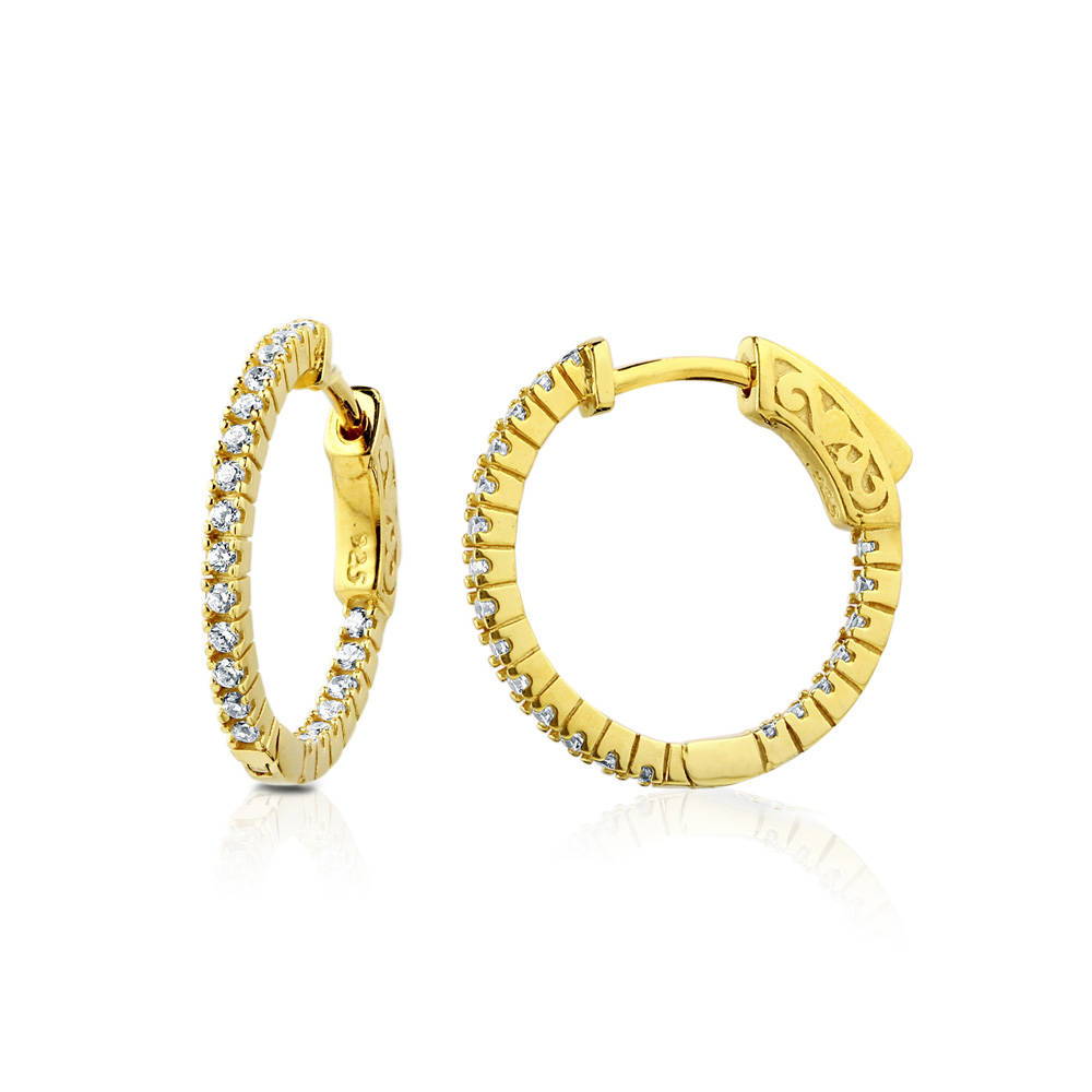 CZ Medium Inside-Out Hoop Earrings in Sterling Silver 0.75 inch, Yellow Gold Flashed