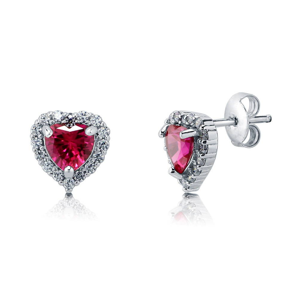 Halo Heart Simulated Ruby CZ Stud Earrings in Sterling Silver, 1 of 7