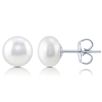 Solitaire White Round Cultured Pearl Stud Earrings in Sterling Silver