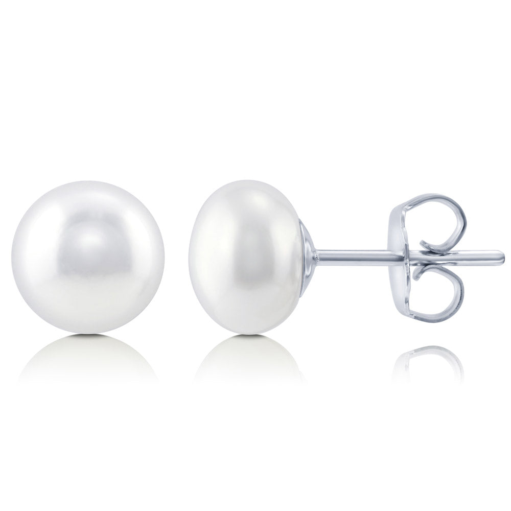 Solitaire White Round Cultured Pearl Stud Earrings in Sterling Silver, 1 of 3