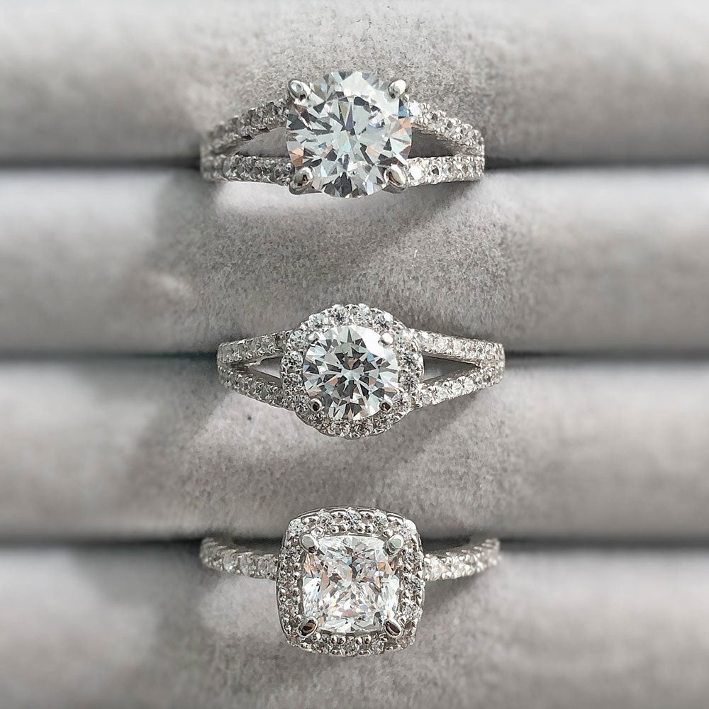 Image Contain: Halo Ring, Solitaire with Side Stones Ring, Solitaire with Side Stones Split Shank Ring