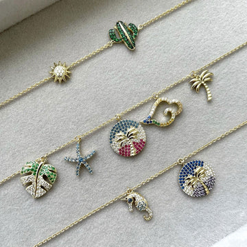 Seahorse Palm Tree CZ Charm Bracelet in Gold Flashed Sterling Silver