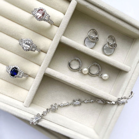 3-Stone Ring, Art Deco Chain Bracelet, Lock Dangle Earrings, Solitaire Dangle Earrings