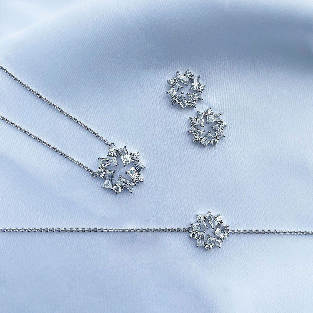 Wreath Chain Bracelet Style B382-01, Wreath Stud Earrings Style E1767-01 in Flatlay Display