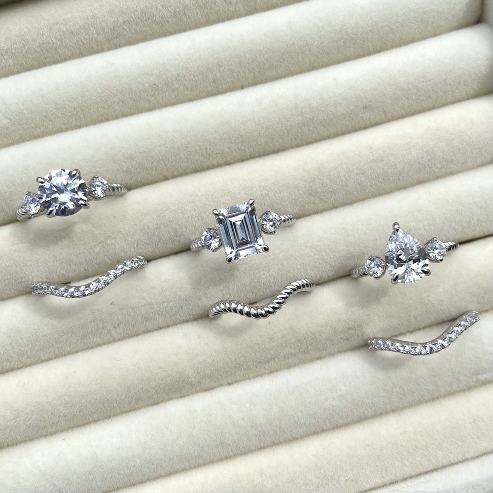 Silver 3-Stone Woven 2.6ct CZ Wedding Engagement Ring Set